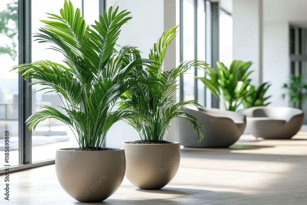 A room with two large potted plants and a couch A room with two large potted plants and a couch