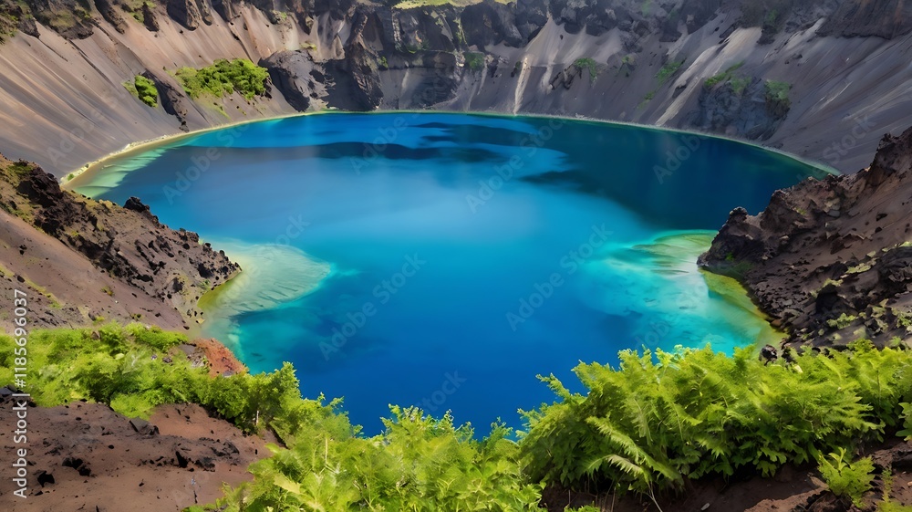 Obraz premium Volcanic crater lake with vibrant blue water surrounded by steep, rugged cliffs and lush greenery.