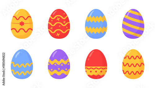 Eight vibrant Easter eggs with unique patterns and bright colors, displayed on a clean white background, symbolizing festivity