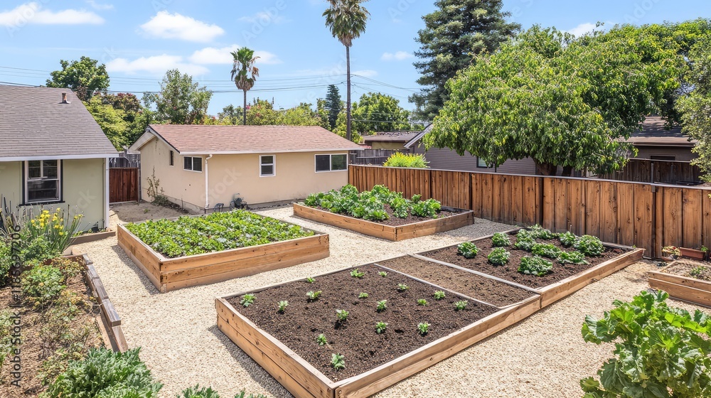 Fototapeta premium Raised garden beds with healthy vegetables growing, neatly organized in a backyard garden, providing plenty of space for text and gardening inspiration.