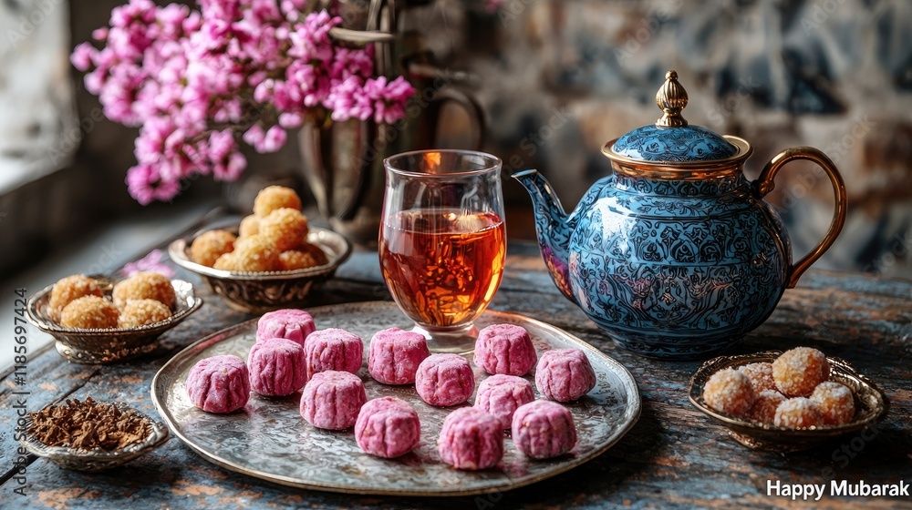 Elegant Afternoon Tea Setting with Pink Sweets and Ornate Teapot Elegant Afternoon Tea Setting with Pink Sweets and Ornate Teapot