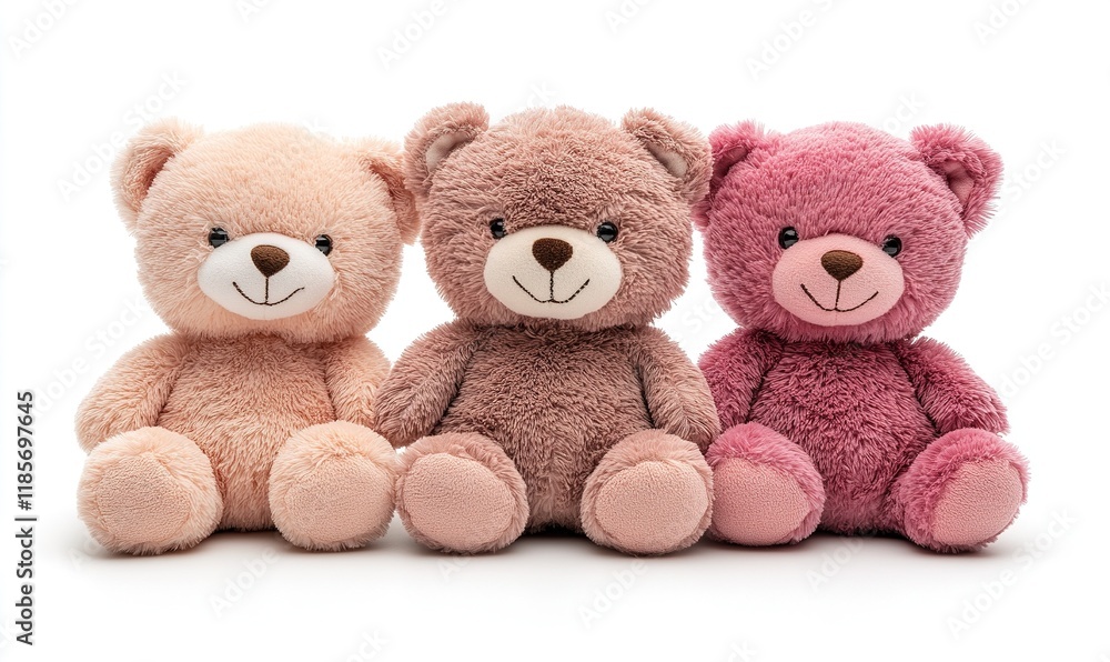 Fototapeta premium Three cute, plush teddy bears in different colors, ideal for cuddling and gifting.