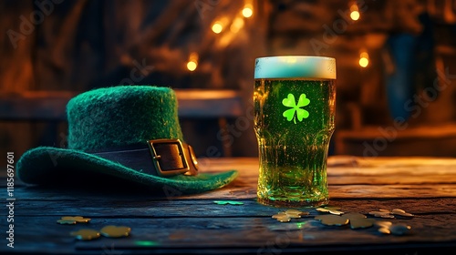 St Patricks Day celebration with a glowing pint of green beer and a leprechaun hat on a rustic table