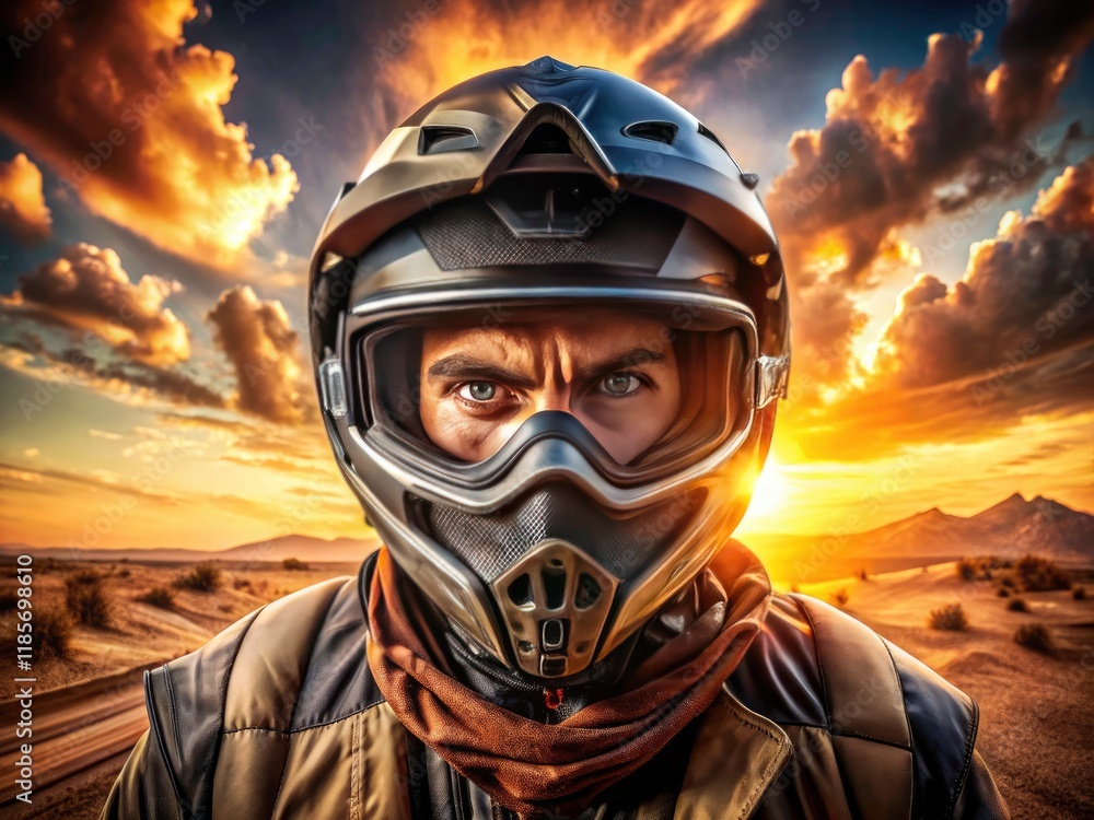 AI-generated portrait: a desert motorcycle racer's grit and speed. AI-generated portrait: a desert motorcycle racer's grit and speed.