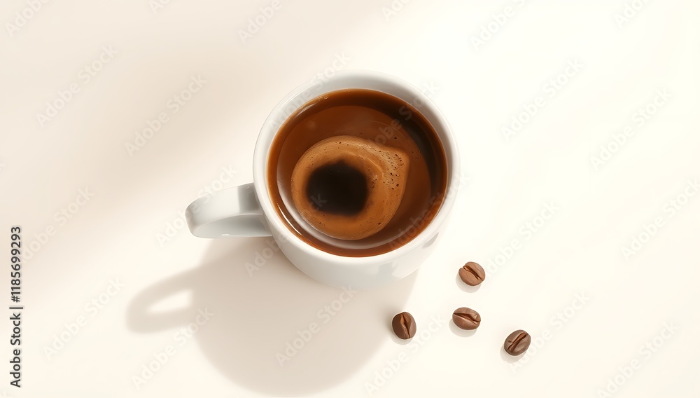 Top view of coffee cup and beans. Top view of coffee cup and beans.