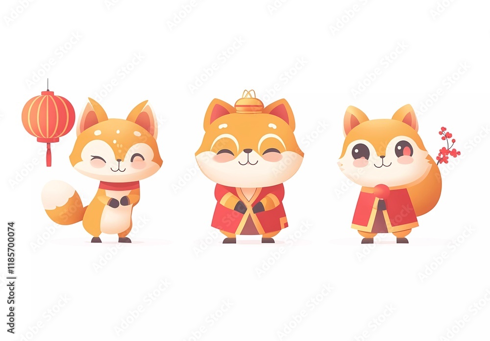 Cute cartoon vector-style Lunar New Year lanterns and decorations, gradient color scheme, white background Cute cartoon vector-style Lunar New Year lanterns and decorations, gradient color scheme, white background