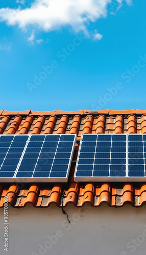 Solar panels mounted on an old tiled roof under a clear blue sky, harnessing solar energy efficiently, cinematic, with white tones photo