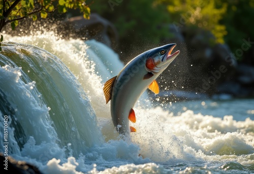 Salmon leaping a waterfall in a pristine river photo