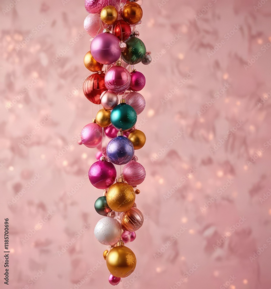 Fototapeta premium A beautiful garland made of colorful Christmas ornaments suspended on a soft pink background, creating a cozy and inviting ambiance, pink background, winter decoration