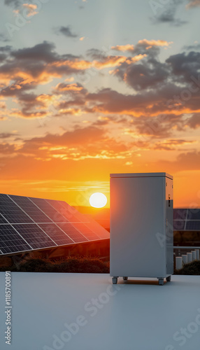 Renewable energy storage. Sunset in the background, studio photography, with white tones