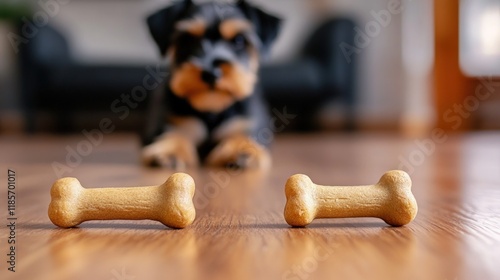 Adorable Dog with Tasty Bone-Shaped Treats on Wooden Floor photo