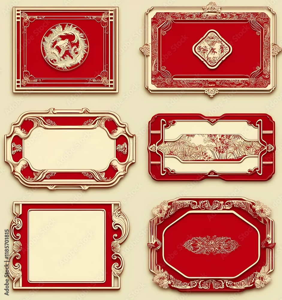 Set of Chinese-style blank labels, icons, and frames in red with a beige border. Set of Chinese-style blank labels, icons, and frames in red with a beige border.