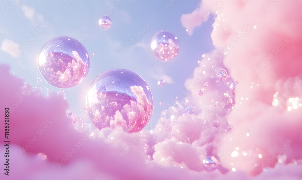 Pink clouds and iridescent bubbles floating in a pastel sky. Pink clouds and iridescent bubbles floating in a pastel sky.