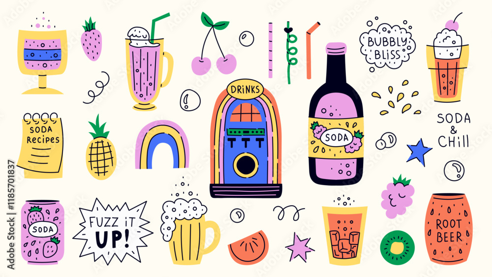 Retro Cold Drinks Vector Set. Hand drawn illustrations of vintage beverage cocktail soda lemonade root beer in glass bottle mug can stickers Retro Cold Drinks Vector Set. Hand drawn illustrations of vintage beverage cocktail soda lemonade root beer in glass bottle mug can stickers