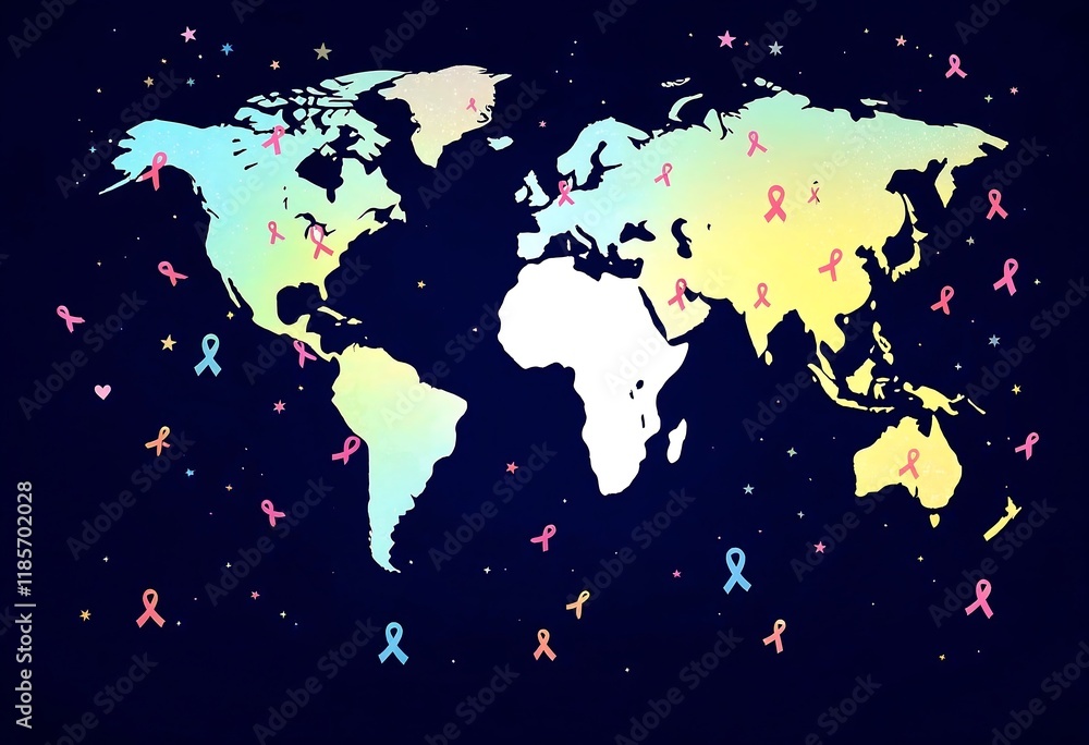 Fototapeta premium World map background with neon glow continents, scattered confetti, tiny icons, and dark cosmic gradient texture for technology, travel, and global