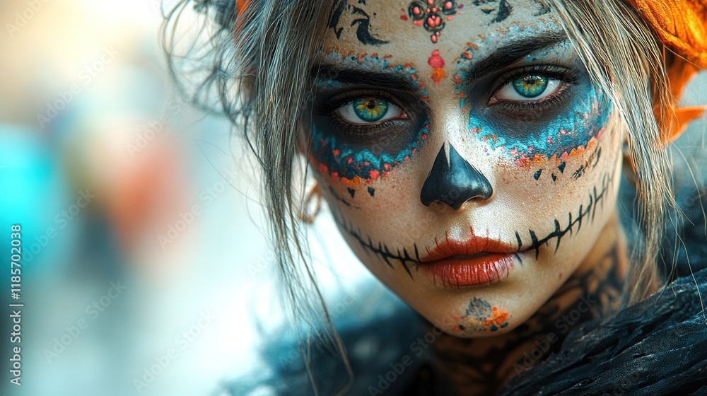 A close-up portrait of a woman with intricate Day of the Dead makeup and vibrant colors. A close-up portrait of a woman with intricate Day of the Dead makeup and vibrant colors.
