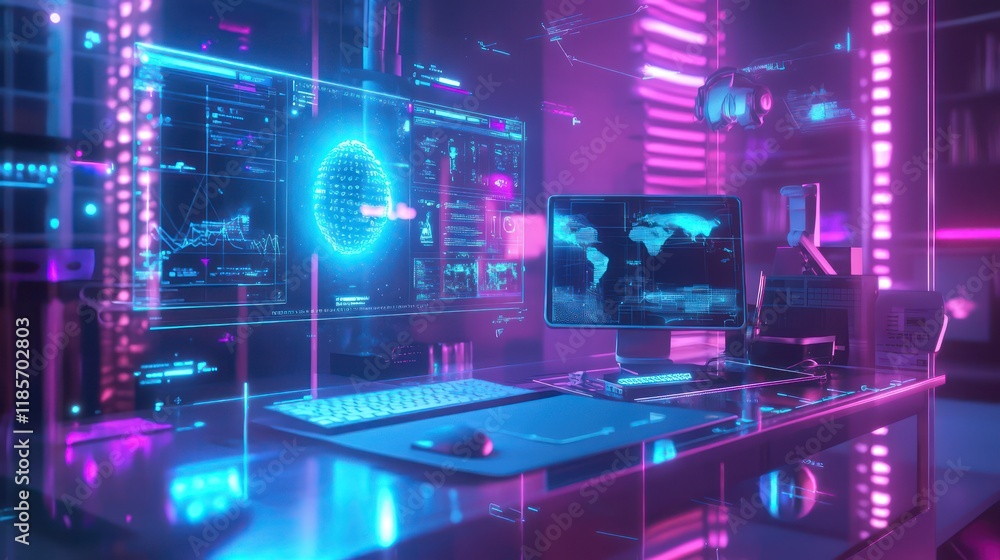 Holographic AI personal assistant organizes a digital office. Holographic AI personal assistant organizes a digital office.