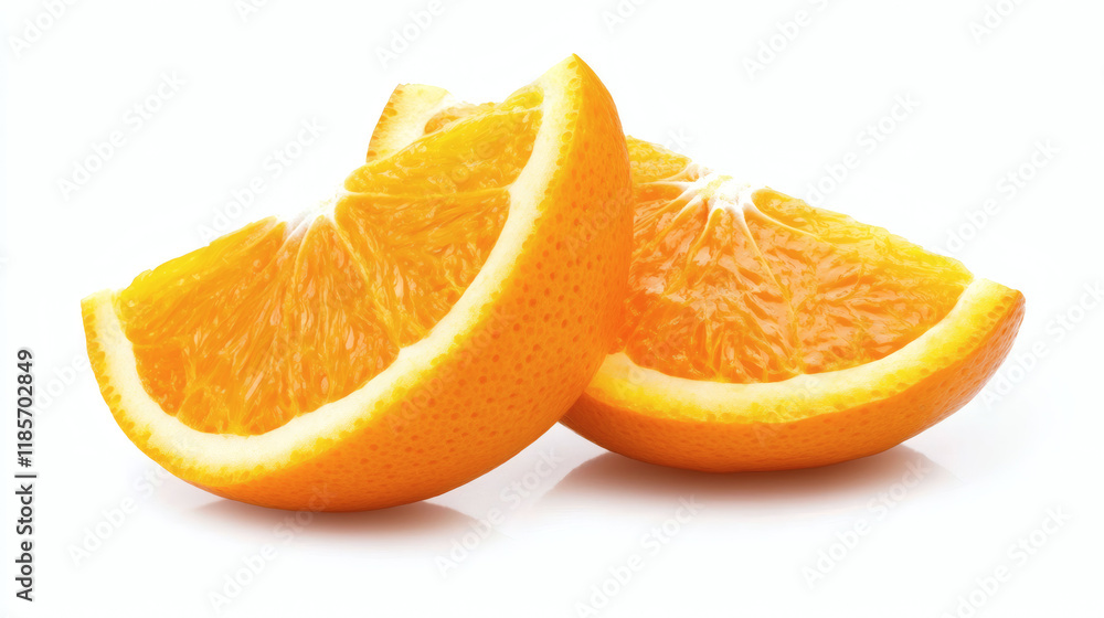 A fresh slice of orange isolated on white with juicy and ripe citrus A fresh slice of orange isolated on white with juicy and ripe citrus