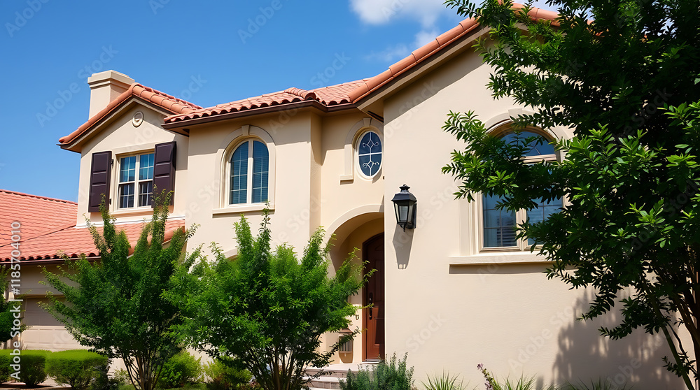 Fototapeta premium Tan stucco house with red tile roof. Large windows and dark shutters. Lush green landscaping. Exterior features include an arched entryway and decorative light fixture.