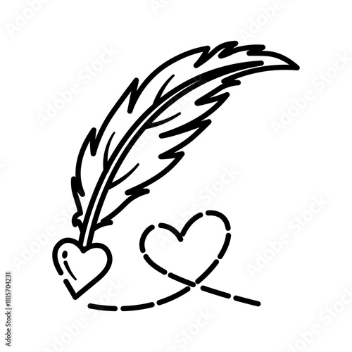 Made in uk A charming illustration line art of a pink feather quill pen writing a heart-shaped message, symbolizing love and affection.