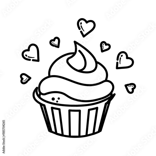 A delightful illustration line art of a cupcake adorned with frosting and surrounded by hearts, perfect for Valentine's Day.