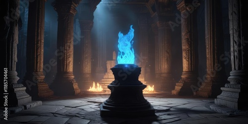 A blue flame ring encircles a weathered stone pedestal in a dark, abandoned temple, glowing artifact , pedestal, blue flame photo