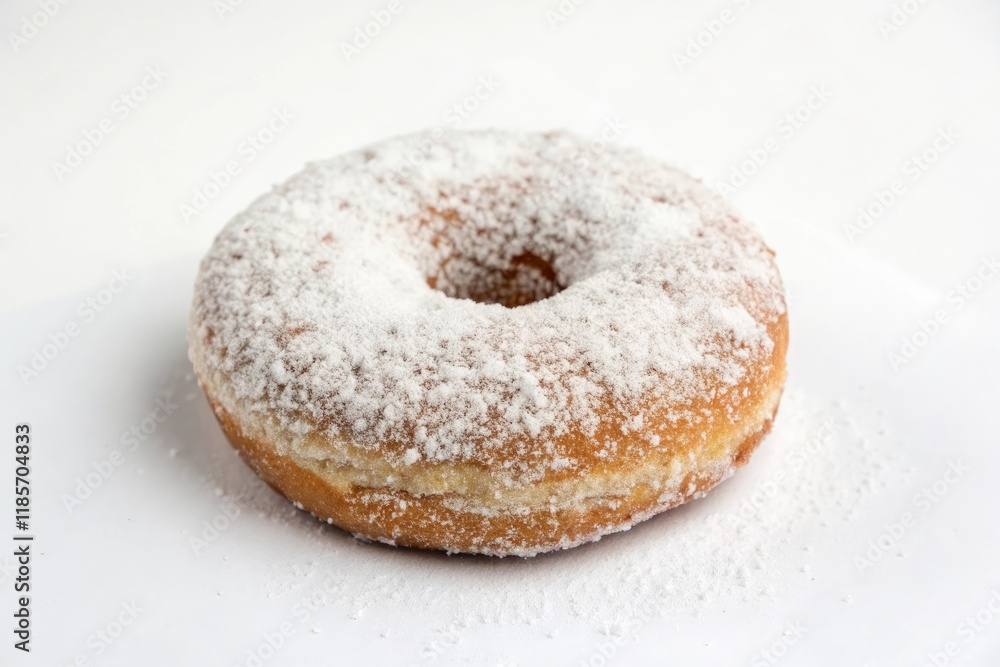 A donut covered in a thick layer of sparkling powdered sugar is placed on a white background, powdered sugar, dessert table, donuts, baked goods, food styling A donut covered in a thick layer of sparkling powdered sugar is placed on a white background, powdered sugar, dessert table, donuts, baked goods, food styling