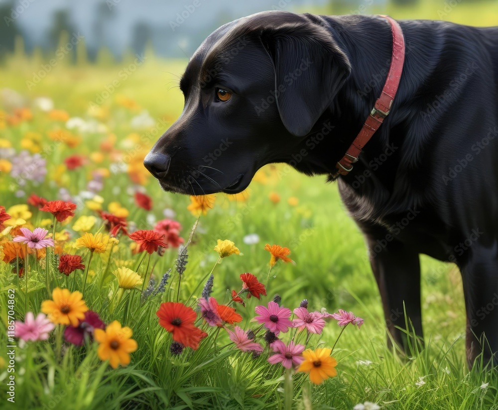 A black labrador retriever is sniffing a patch of colorful flowers in the grass, sniffing, nature A black labrador retriever is sniffing a patch of colorful flowers in the grass, sniffing, nature
