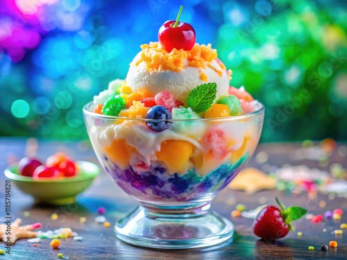 Long exposure reveals Halo-halo's ethereal beauty: a symphony of shaved ice, creamy milk, ice cream, and colorful sweet treats. photo