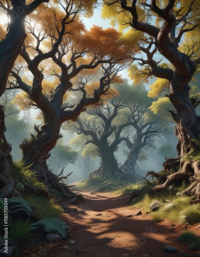 A dense, impenetrable forest with twisted, gnarled trees, fear, overwhelm, disorientation
