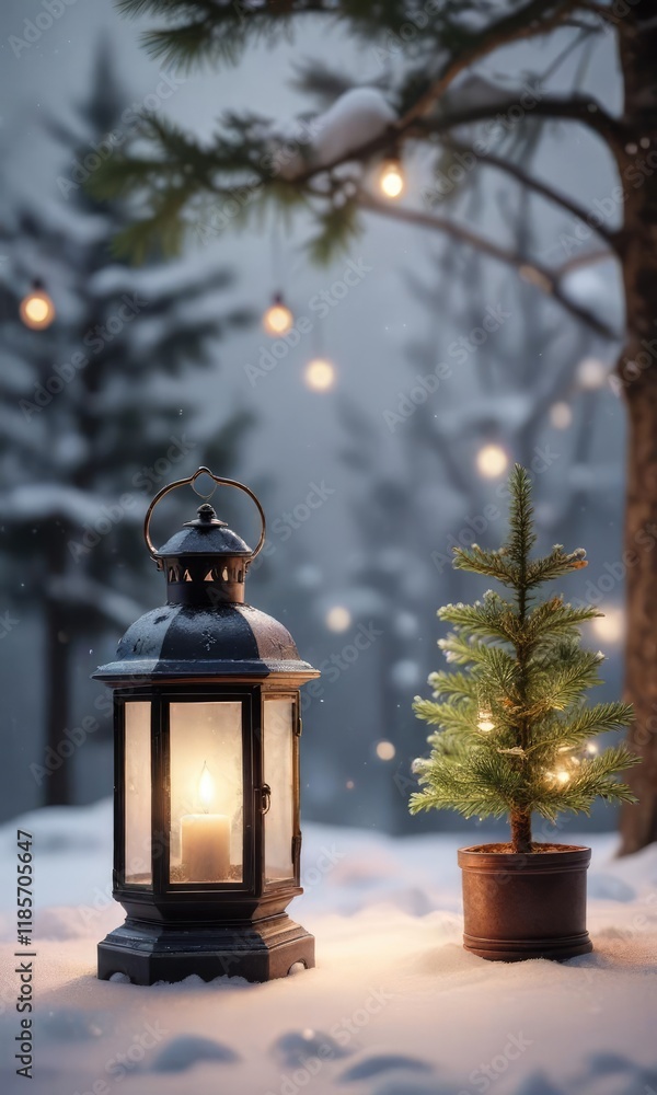 A delicate lantern sits beside a tiny Christmas tree in front of a snowy backdrop, peaceful ambiance, serene scene, gentle light A delicate lantern sits beside a tiny Christmas tree in front of a snowy backdrop, peaceful ambiance, serene scene, gentle light