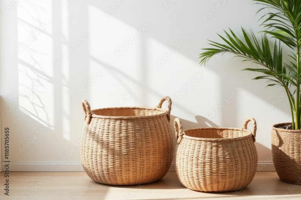 Fototapeta premium Two Woven Baskets and a Plant Bask in Sunlight