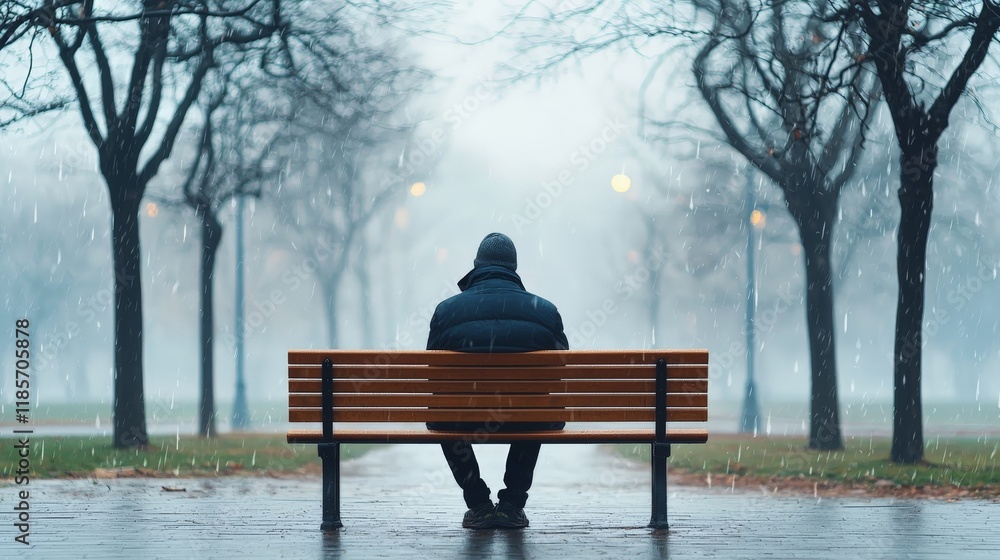 a solitary person sitting on a park bench on a rainy day a solitary person sitting on a park bench on a rainy day