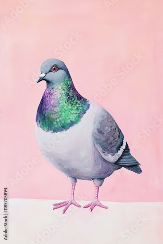 Pigeon with vibrant iridescent feathers standing against a soft pink background, showcasing urban wildlife beauty and artistic representation of birds. photo