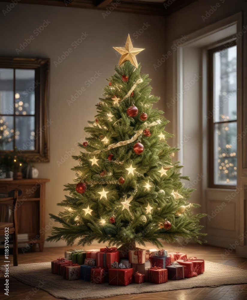 A beautifully decorated Christmas tree with a star on top, festive decoration, winter A beautifully decorated Christmas tree with a star on top, festive decoration, winter
