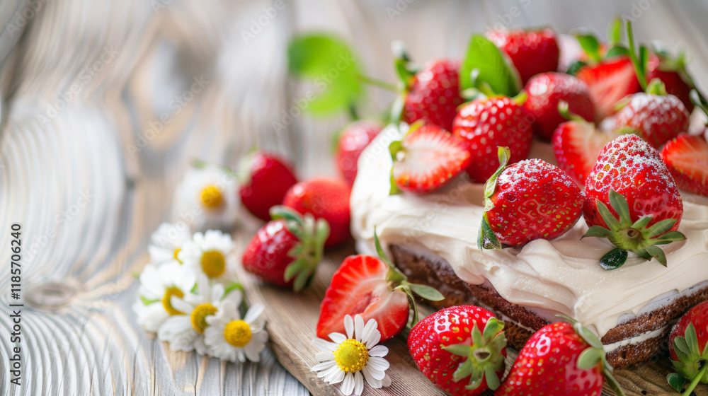 Delicious cake topped with fresh strawberries and daisies on wooden table Delicious cake topped with fresh strawberries and daisies on wooden table