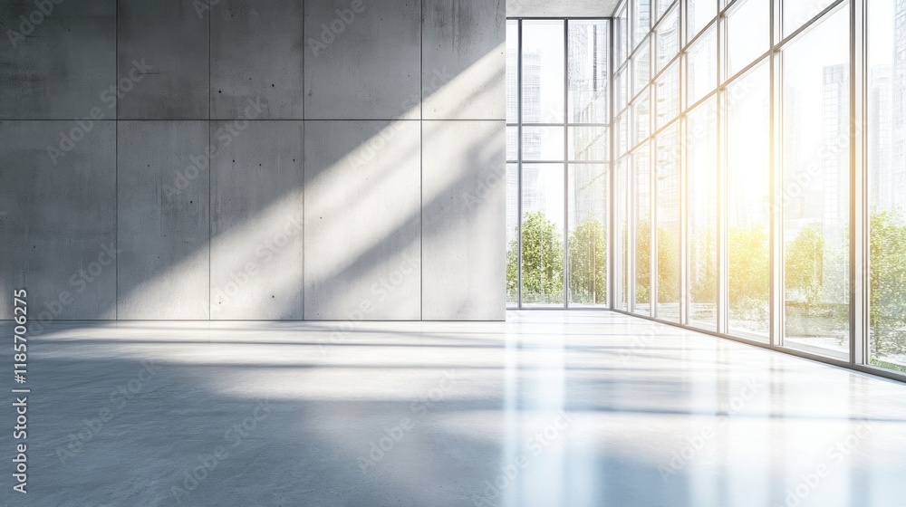 Sunlit modern empty room with large windows and concrete walls. Sunlit modern empty room with large windows and concrete walls.