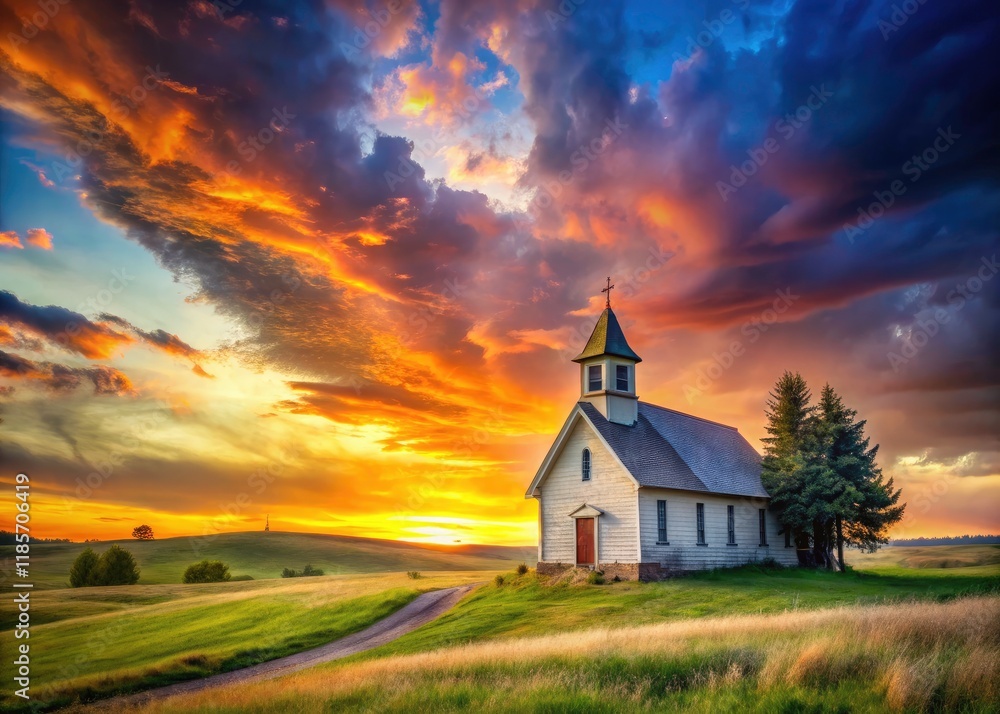 Fototapeta premium Panoramic view: sunset paints the sky above a rustic church nestled in serene farmland.