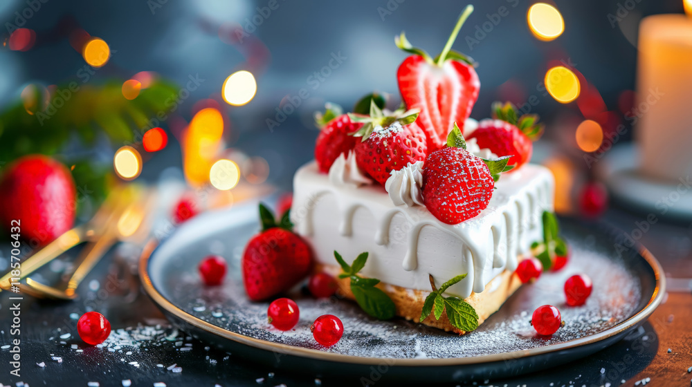 Delicious heart shaped cake topped with fresh strawberries and mint leaves Delicious heart shaped cake topped with fresh strawberries and mint leaves