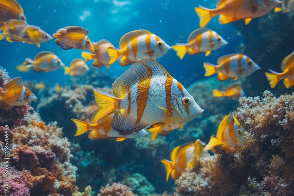 Fototapeta premium Vibrant Yellow And White Fish Swim In Coral Reef