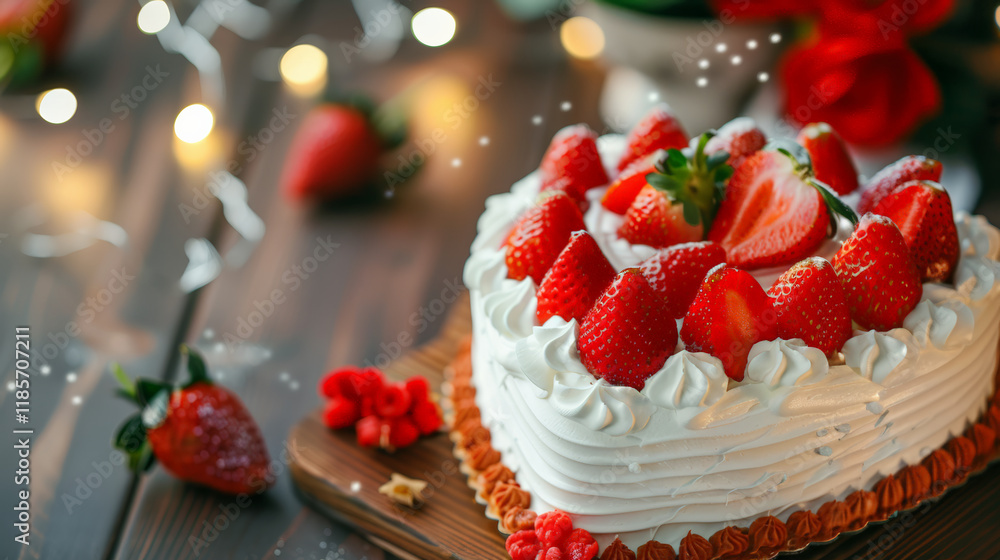 Delicious heart shaped cake topped with fresh strawberries and cream Delicious heart shaped cake topped with fresh strawberries and cream