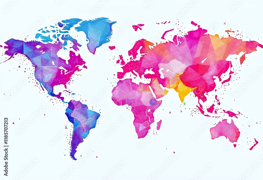 Fototapeta premium World map watercolor splash background with vivid ink textures, abstract continents and global geography accents for travel, education and