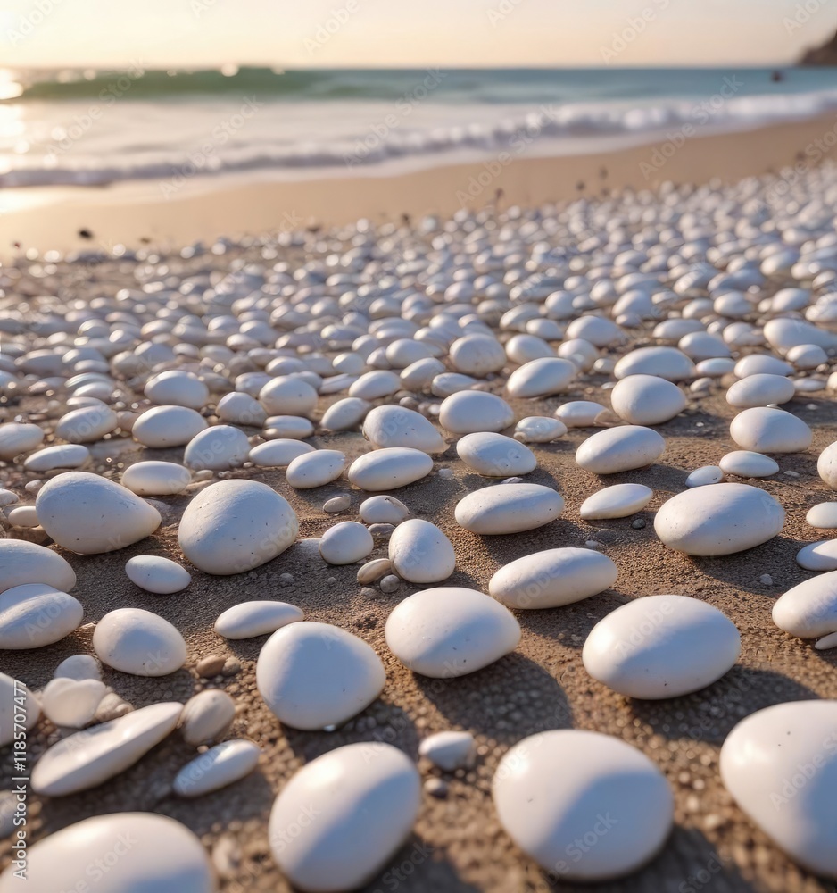 Obraz premium A large collection of white pebbles on the beach at dawn, rocks, natural scene