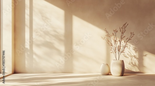 Sunlit room interior with minimalist decor, featuring dried flowers in a vase.