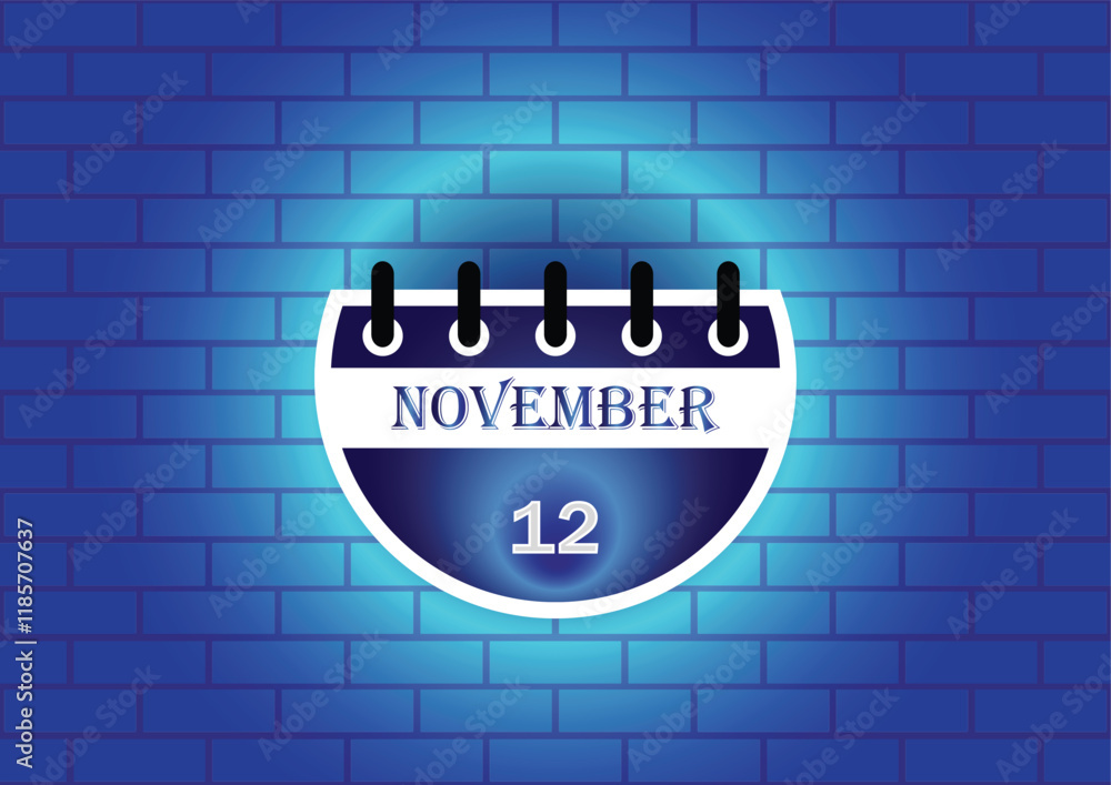 Obraz premium A digital illustration of a calendar page showing November 12th. The page is semi-circular and blue, set against a blue brick wall. The design is simple and modern.