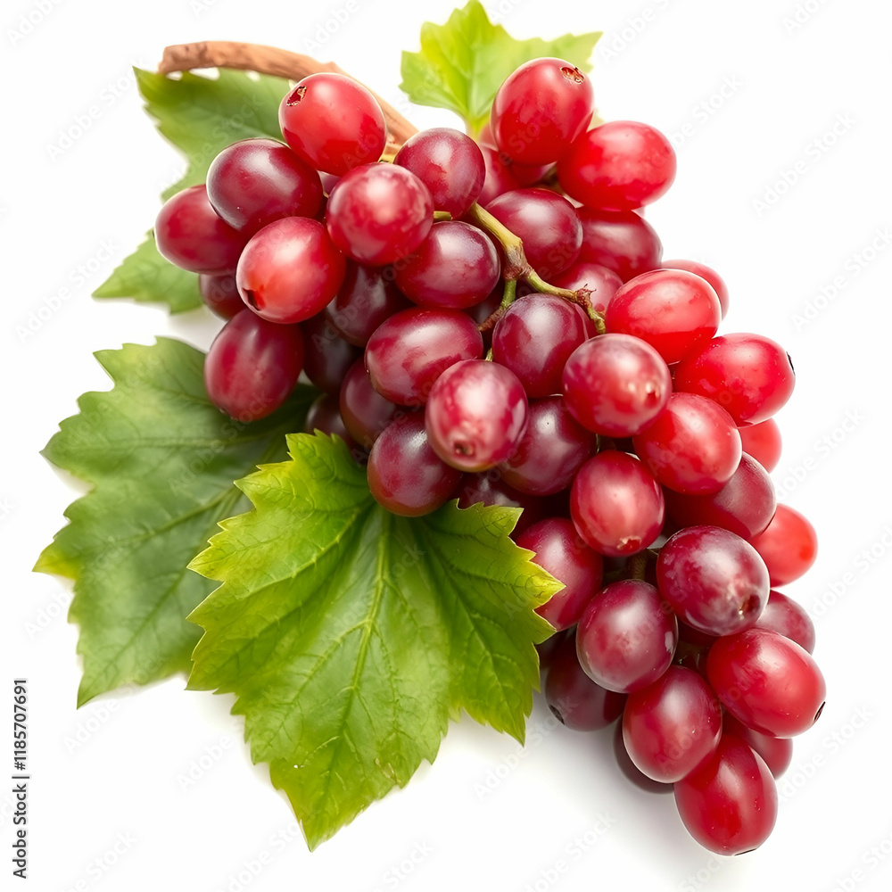 Fototapeta premium Fresh red grapes with leaves isolated on white