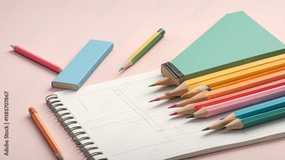 Colorful stationery and drawing tools on a blank notebook page Colorful stationery and drawing tools on a blank notebook page