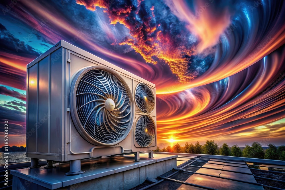Fototapeta premium Surreal outdoor AC unit repair: a dreamlike flow of refrigerant, maintenance restored.