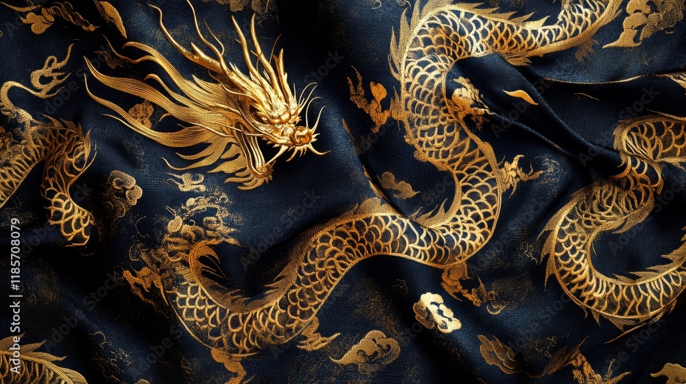 Fototapeta premium Majestic golden dragon artwork traditional theme textile design luxurious setting close-up view cultural significance