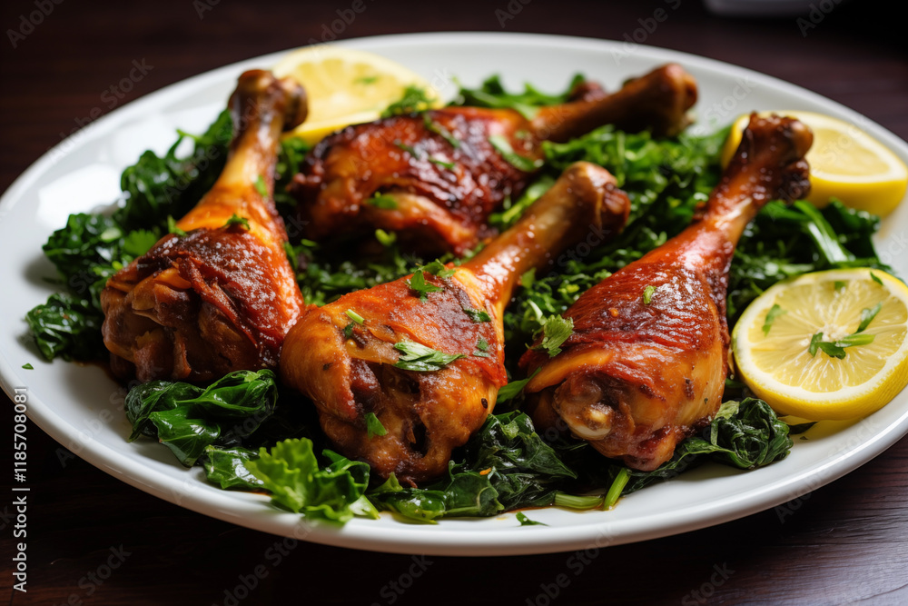 Succulent chicken drumsticks arranged on platter surrounded by vibrant greens and garnished with lemon slices, perfect for hearty meal. Succulent chicken drumsticks arranged on platter surrounded by vibrant greens and garnished with lemon slices, perfect for hearty meal.